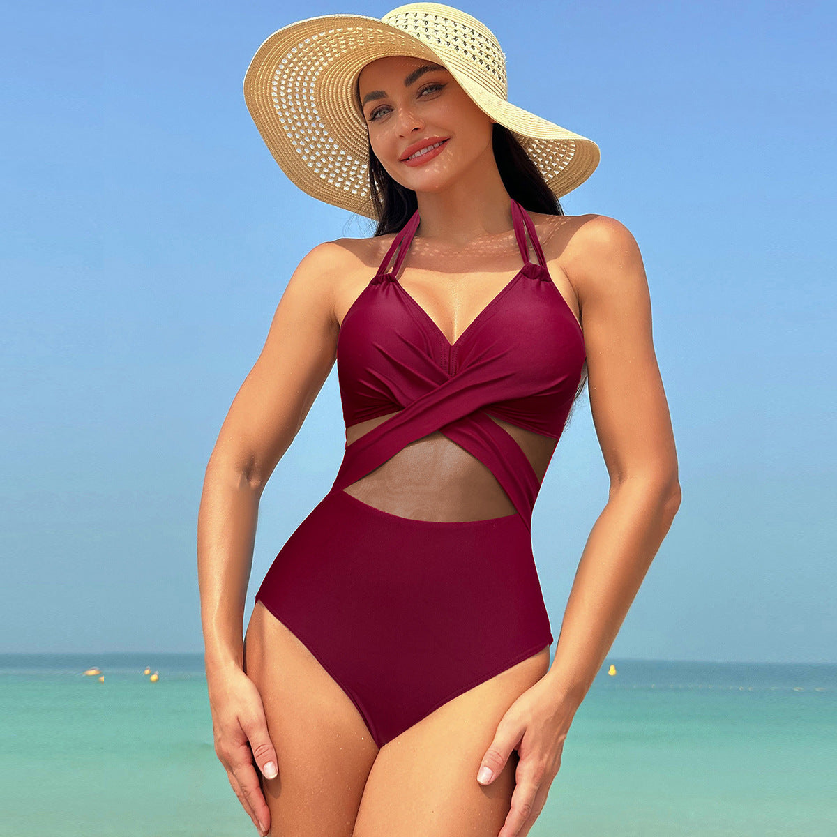 One-Piece Sculpting Swimsuit with Criss-Cross and Tulle
