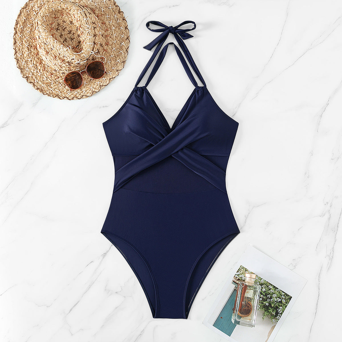 One-Piece Sculpting Swimsuit with Criss-Cross and Tulle