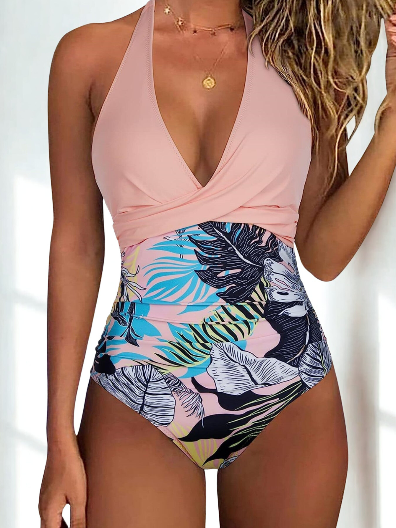 Tropical Leaf Print Swimsuit – V-Neck and Sculpting Style