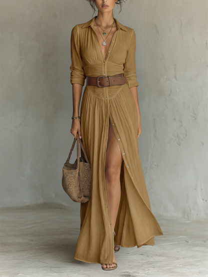Doirín | Notched Collar Maxi Dress with Long Sleeves