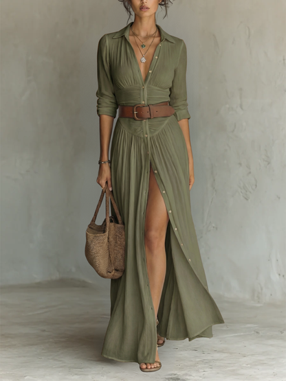 Doirín | Notched Collar Maxi Dress with Long Sleeves