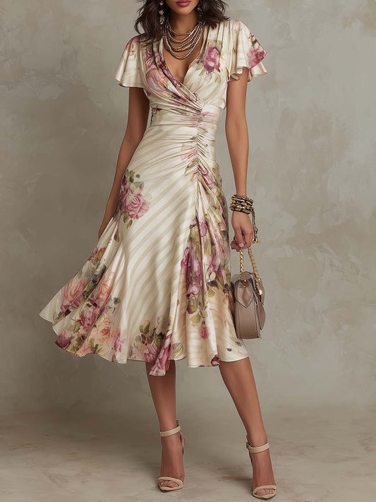 Cristíona | Elegant Retro Floral Satin Midi Dress