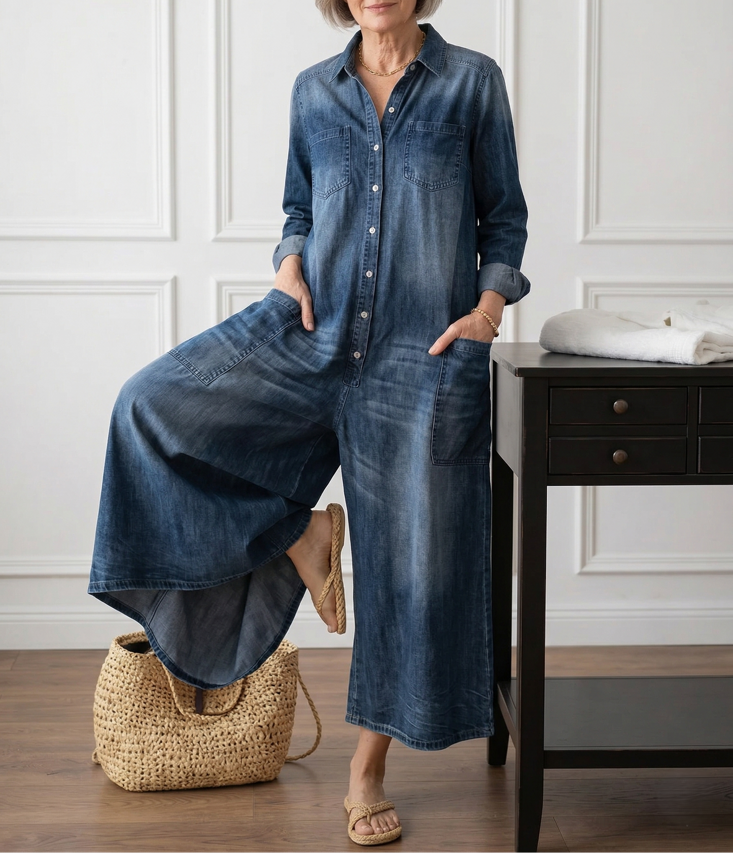 Bríd | Vintage Washed Soft Cotton Denim Jumpsuit with Button Closure