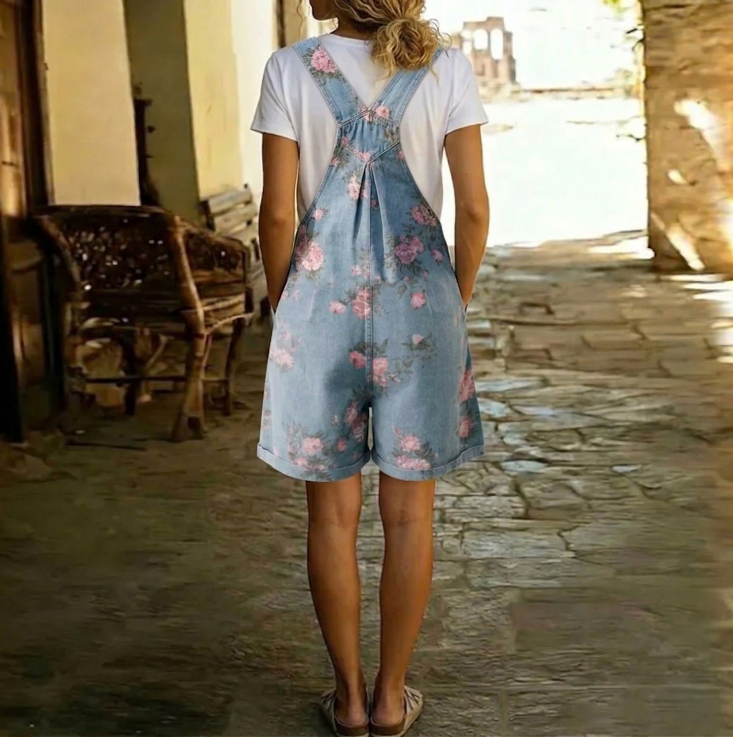 Combinaison en jean pour femme | Salopette en coton à imprimé floral délavé vintage