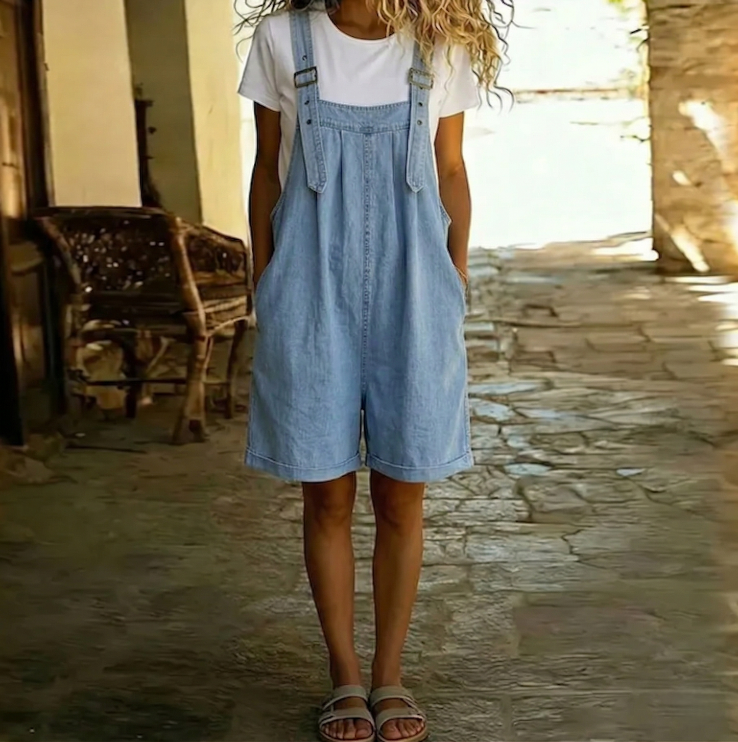 Salopette Courte en Jean Femme Vintage Délavée Bleu Ciel Coton