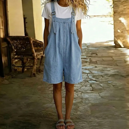 Salopette Courte en Jean Femme Vintage Délavée Bleu Ciel Coton