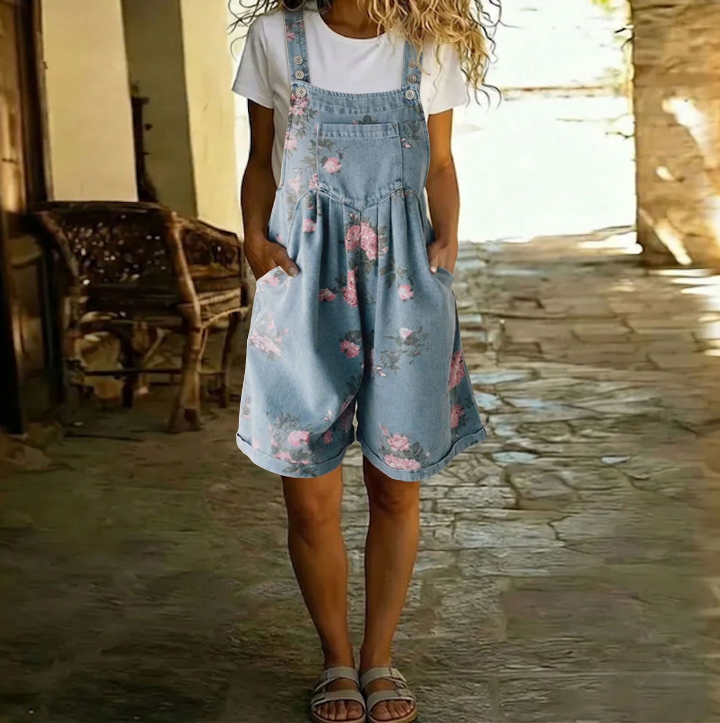 Combinaison en jean pour femme | Salopette en coton à imprimé floral délavé vintage