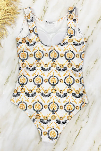 One-piece swimsuit with boho print and high neckline