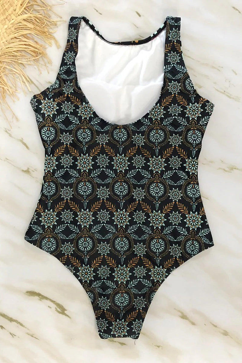 One-piece swimsuit with boho print and high neckline