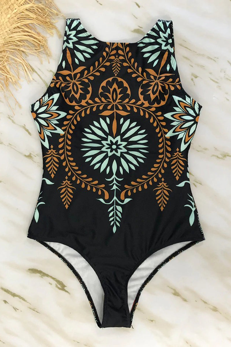One-piece swimsuit with boho print and high neckline