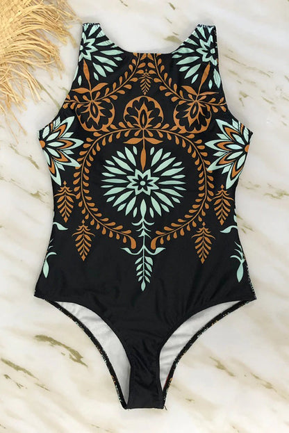 One-piece swimsuit with boho print and high neckline