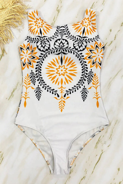 One-piece swimsuit with boho print and high neckline