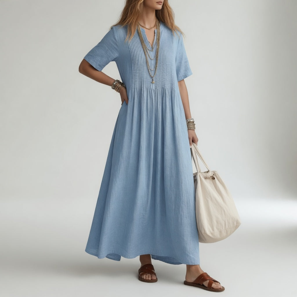 Méabh™ - Long V-Neck Cotton Dress with Summer Ease