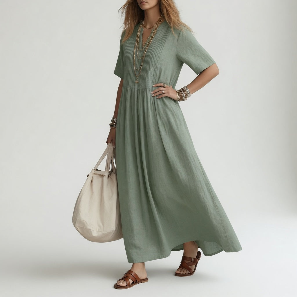 Méabh™ - Long V-Neck Cotton Dress with Summer Ease