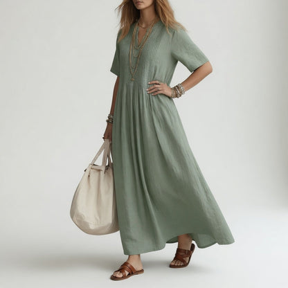 Méabh™ - Long V-Neck Cotton Dress with Summer Ease