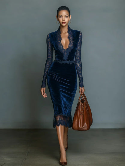 Life | Dark Blue Velvet V-Neck Midi Dress