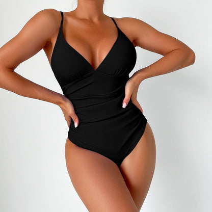 Sculpting One-Piece Swimsuit with V-Neck and Thin Straps
