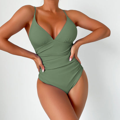 Sculpting One-Piece Swimsuit with V-Neck and Thin Straps
