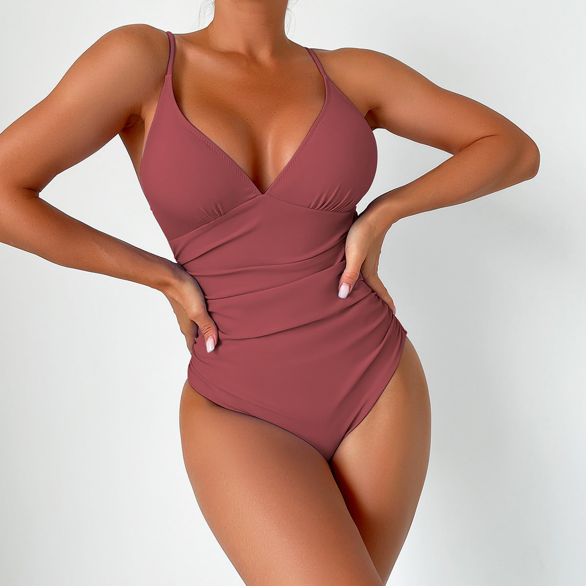 Sculpting One-Piece Swimsuit with V-Neck and Thin Straps