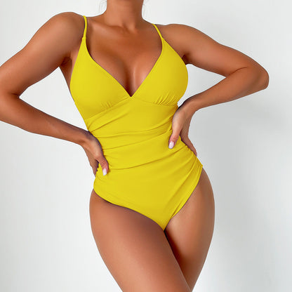 Sculpting One-Piece Swimsuit with V-Neck and Thin Straps