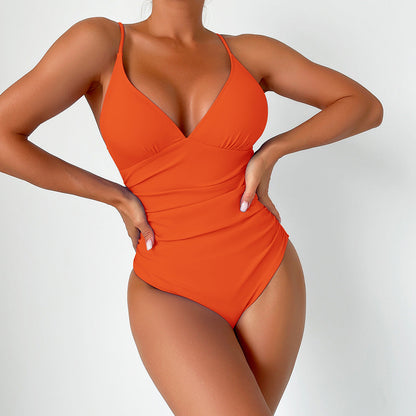 Sculpting One-Piece Swimsuit with V-Neck and Thin Straps