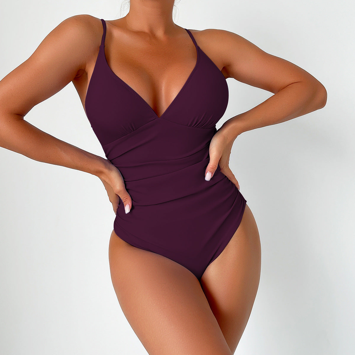 Sculpting One-Piece Swimsuit with V-Neck and Thin Straps