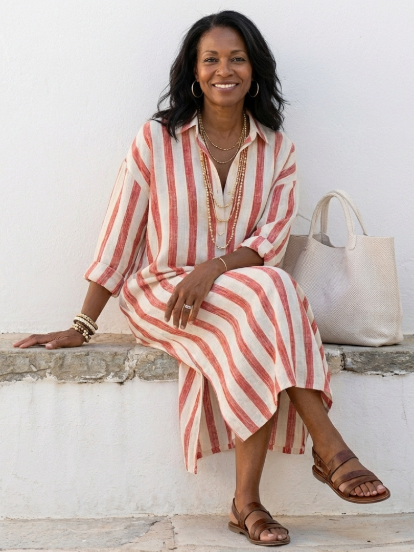 Eimear | Long Sleeve Striped Midi Shirt Dress