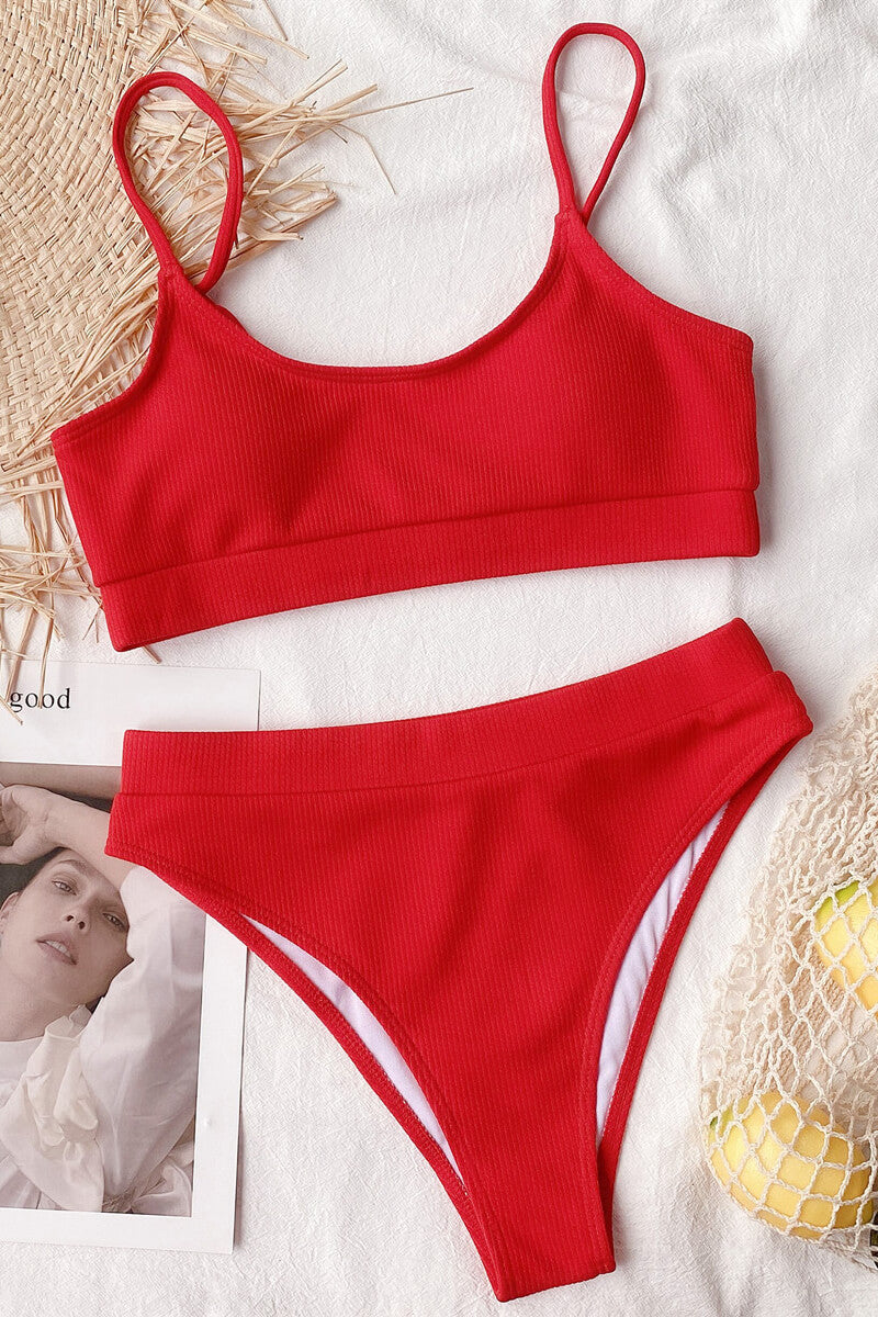 Ribbed Bikini with Bandeau Top and High-Waisted Bottom