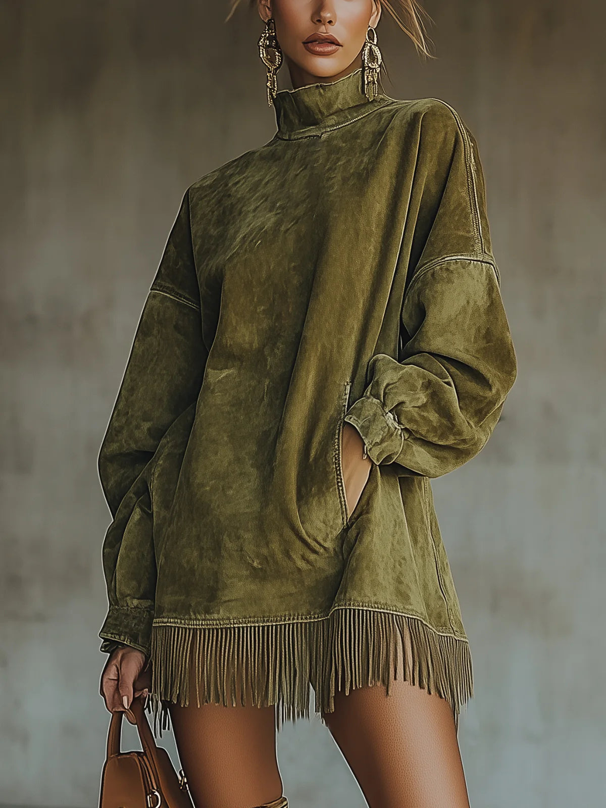 Órnait | High-Neck Suede Fringe Dress