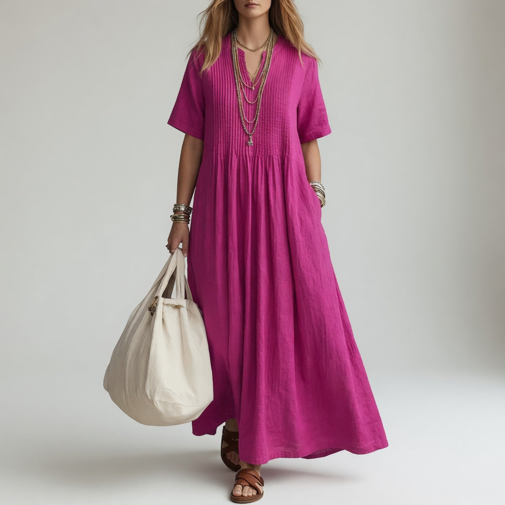 Méabh™ - Long V-Neck Cotton Dress with Summer Ease