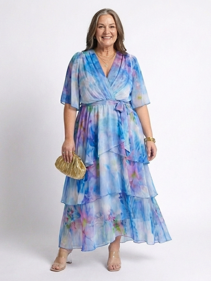 Piper | Sheer Layered V-Neck Tie Waist Short Flutter Sleeve Maxi Dress