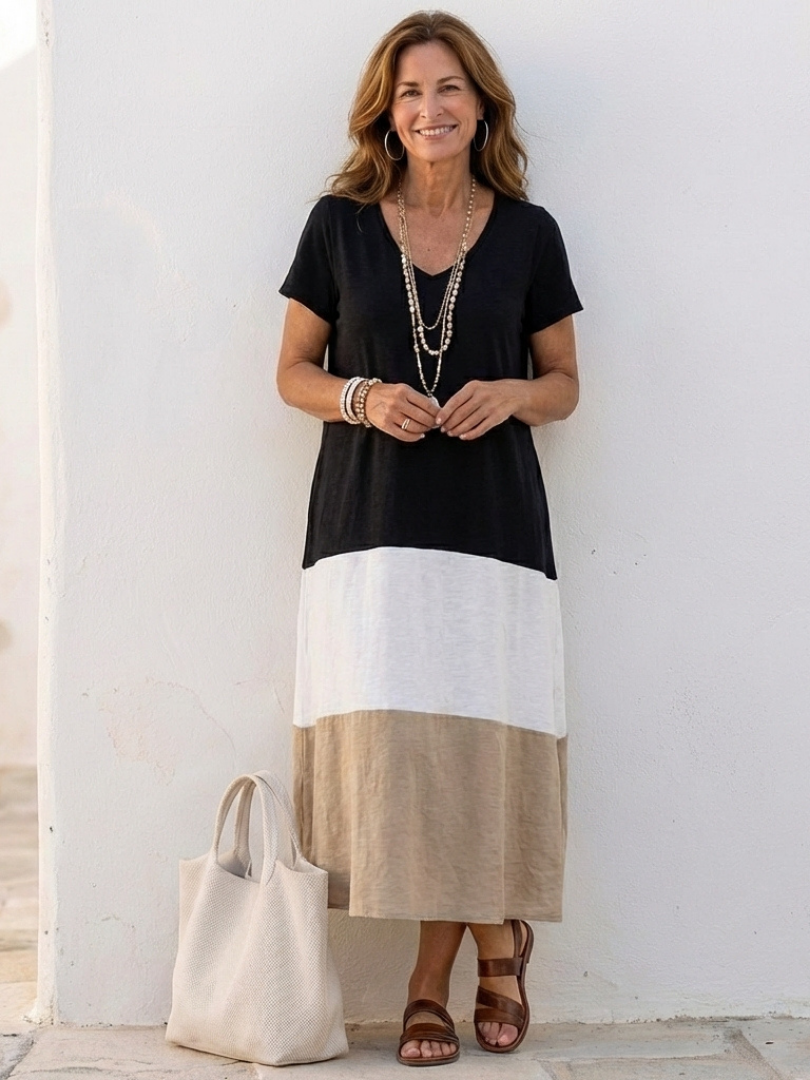 Nuala | Short Sleeve Colour Block V Neck Midi Dress