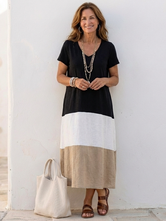 Nuala | Short Sleeve Colour Block V Neck Midi Dress