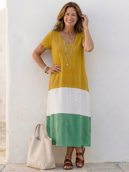 Nuala | Short Sleeve Colour Block V Neck Midi Dress