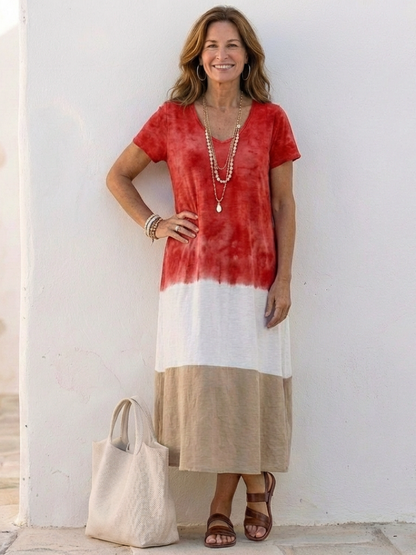 Nuala | Short Sleeve Colour Block V Neck Midi Dress