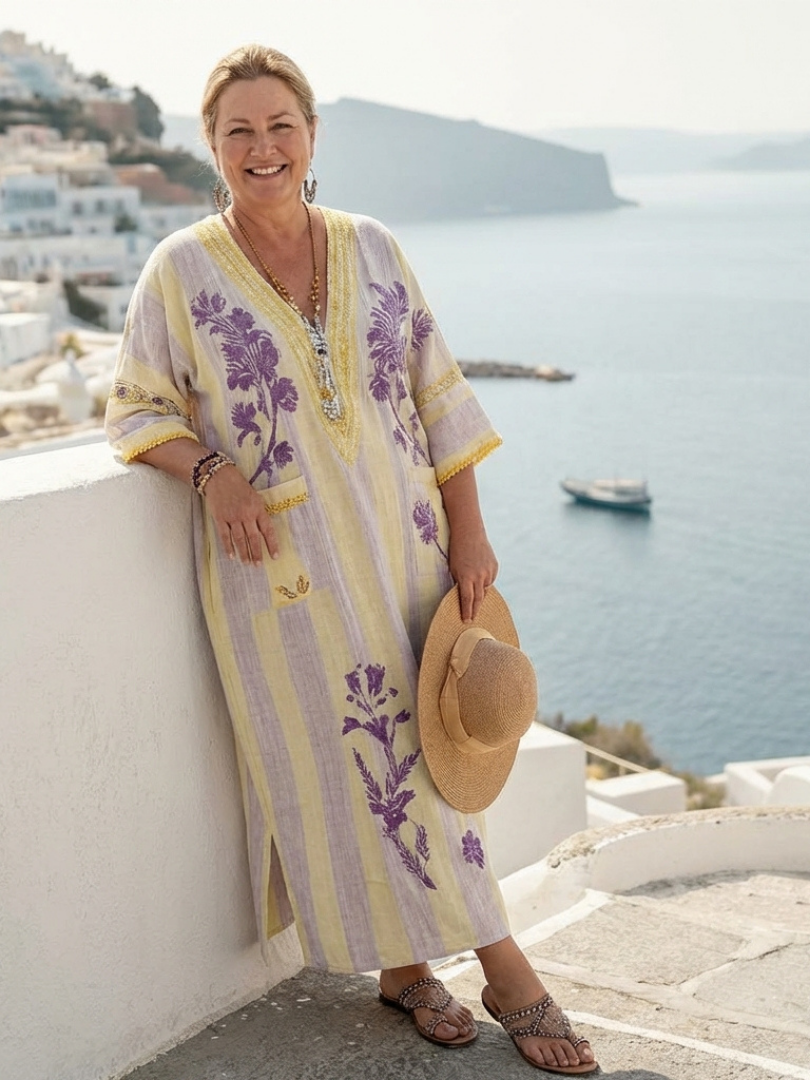 Muireann | V Neck Half Sleeve Striped Floral Maxi Dress
