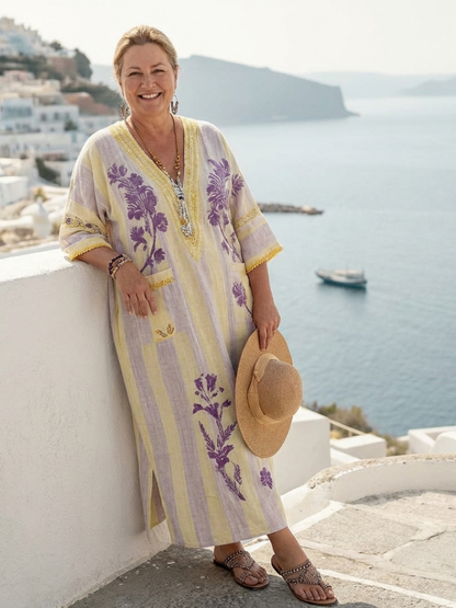 Muireann | V Neck Half Sleeve Striped Floral Maxi Dress