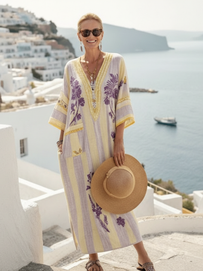 Muireann | V Neck Half Sleeve Striped Floral Maxi Dress