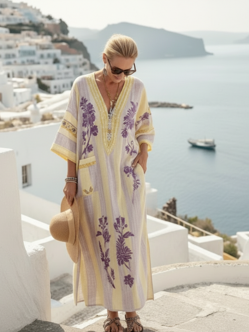 Muireann | V Neck Half Sleeve Striped Floral Maxi Dress