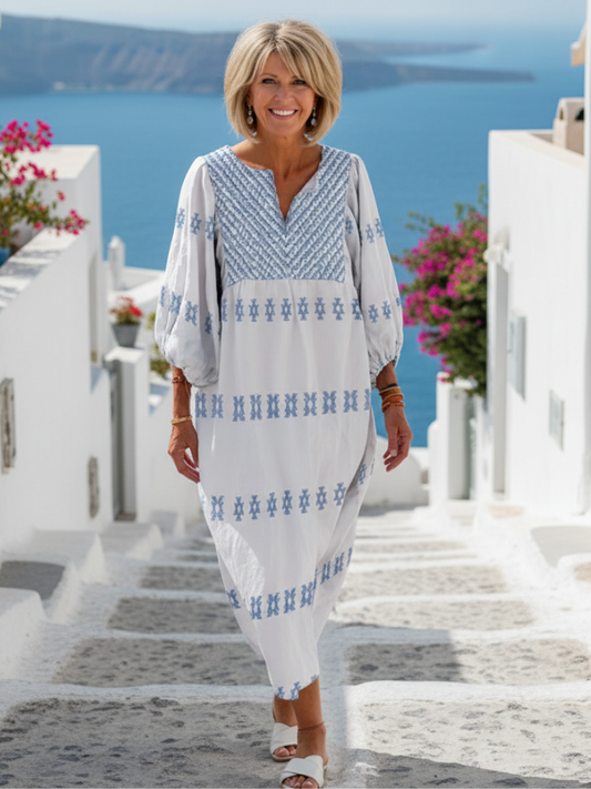 Deirdre | V Neck Long Sleeve Embroidered Maxi Dress