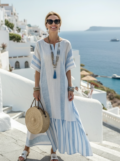 Honora | Round Neck Short Sleeve Striped Maxi Dress
