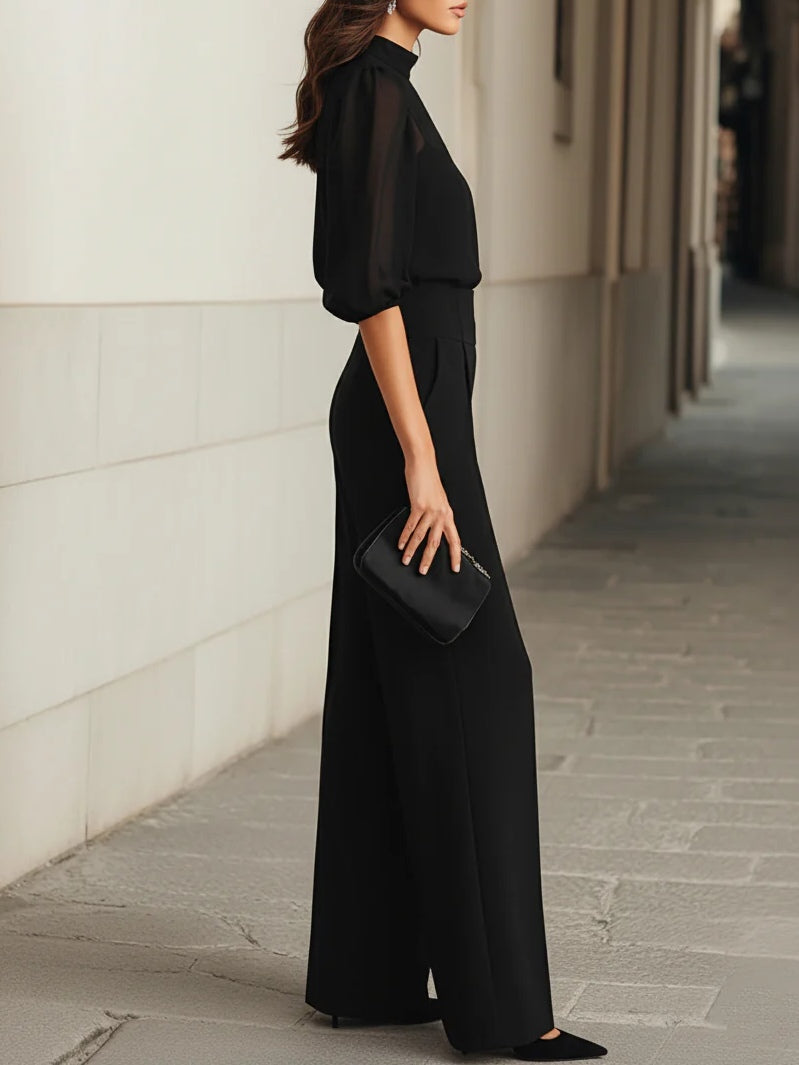 Muadhnait | Three-piece black set with a sheer camisole top and wide-leg pants