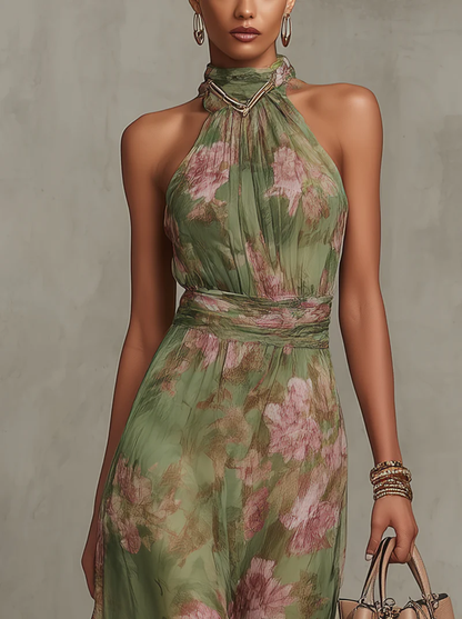 Eithliu | Green Floral Chiffon Maxi Dress with Halter Neckline