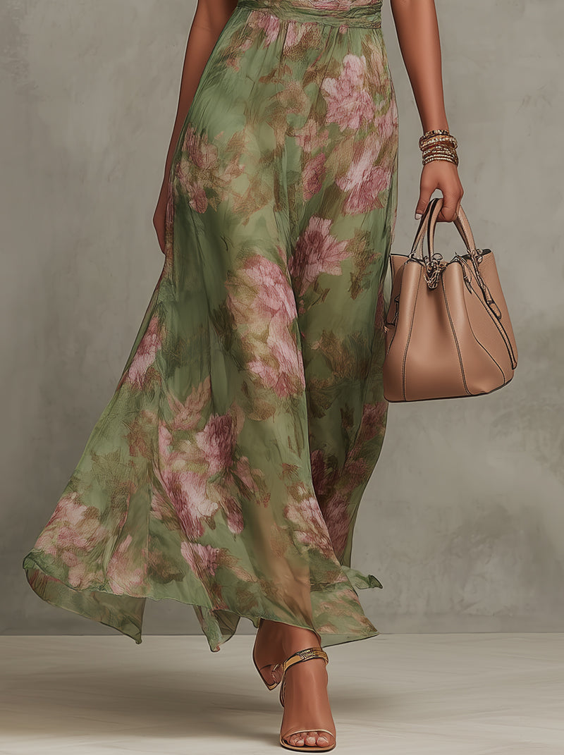 Eithliu | Green Floral Chiffon Maxi Dress with Halter Neckline