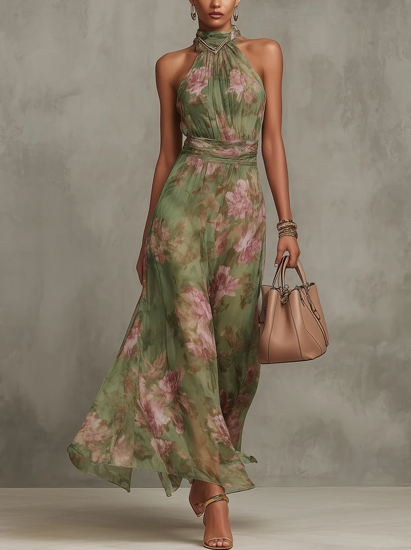 Eithliu | Green Floral Chiffon Maxi Dress with Halter Neckline