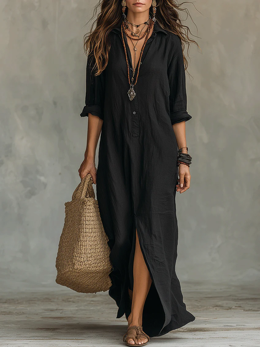 Saorla | Black loose-fitting maxi dress with buttons