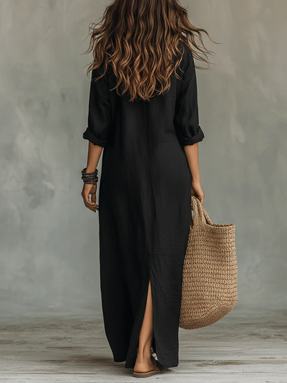 Saorla | Black loose-fitting maxi dress with buttons