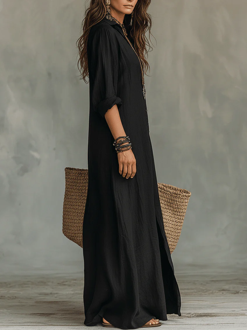Saorla | Black loose-fitting maxi dress with buttons
