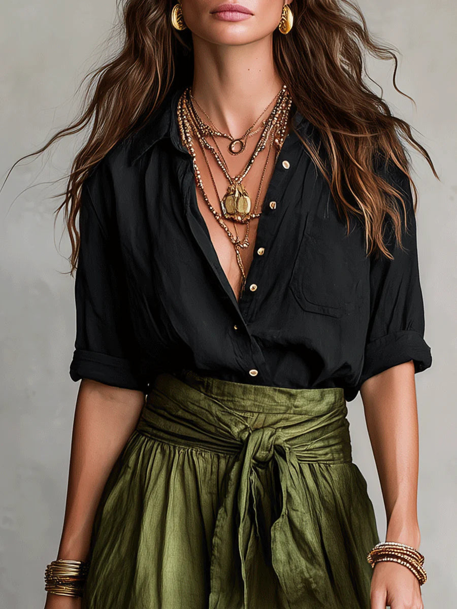 Bláthín | Two-Piece Set: Black T-Shirt and Olive Green Midi Skirt
