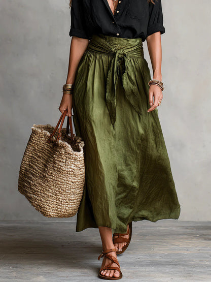 Bláthín | Two-Piece Set: Black T-Shirt and Olive Green Midi Skirt